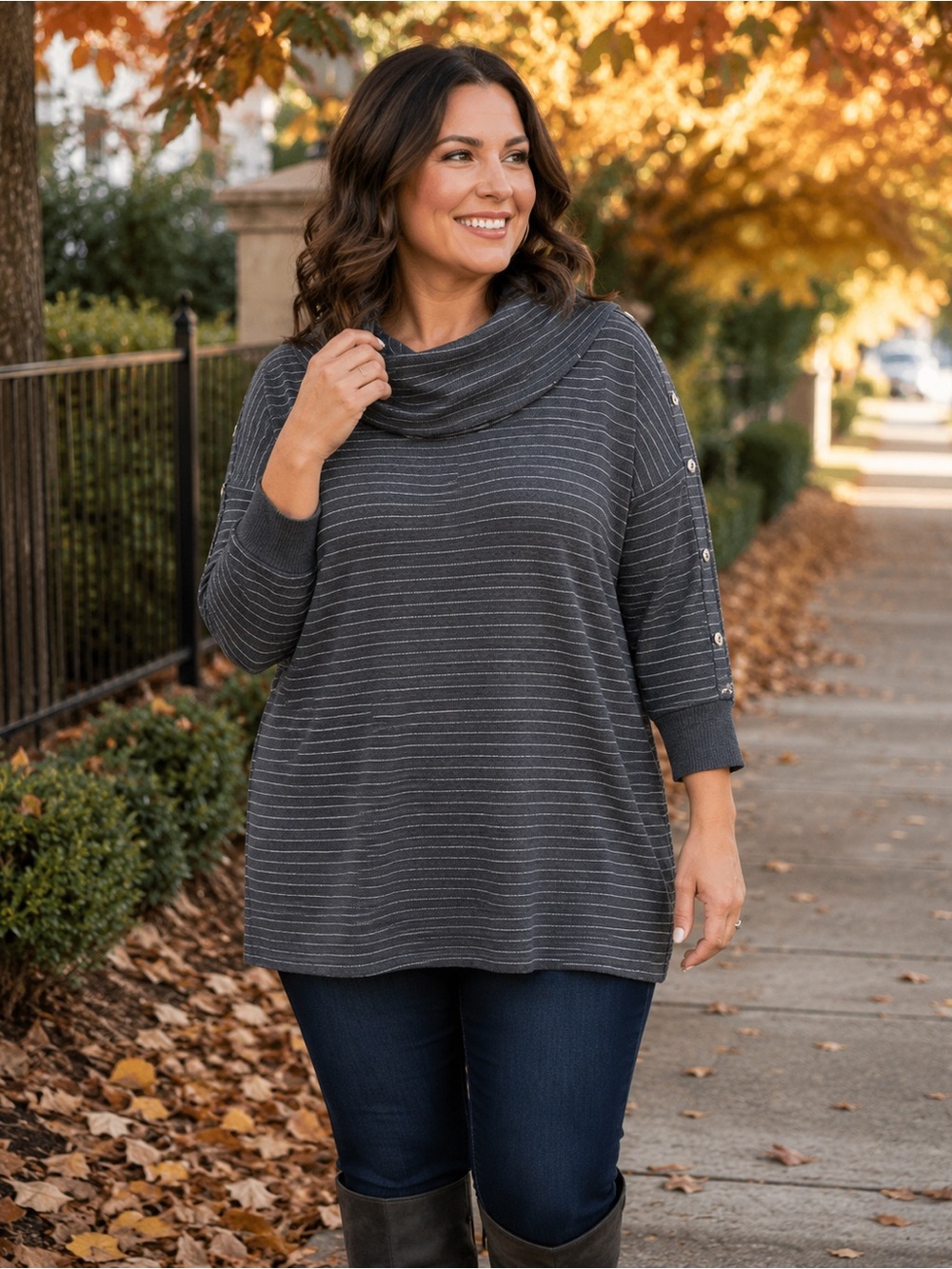 Rafaella 2X Gray Metallic Stripe Cowl Neck Tunic Top Button Detail